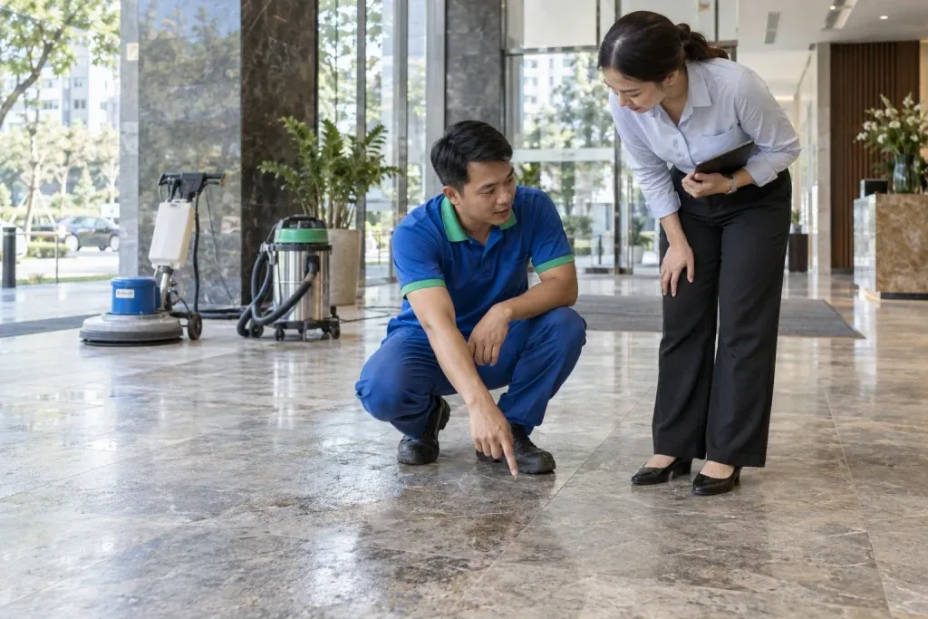 Ảnh minh họa kỹ thuật viên trao đổi về tình trạng sàn đá tại sảnh tòa nhà
