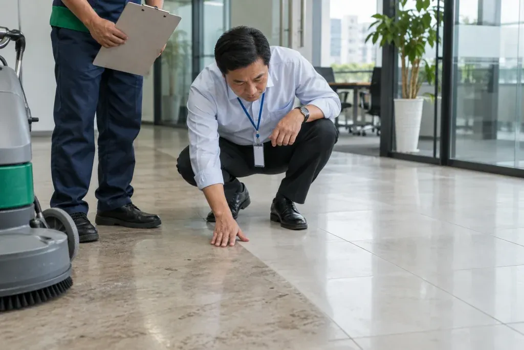 Ảnh minh họa người quản lý kiểm tra vùng sàn đã làm sạch cạnh khu vực thử nghiệm