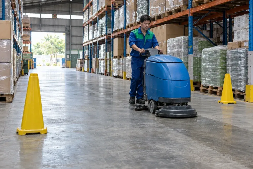 Ảnh minh họa máy chà sàn liên hợp làm sạch lối đi trong kho hàng