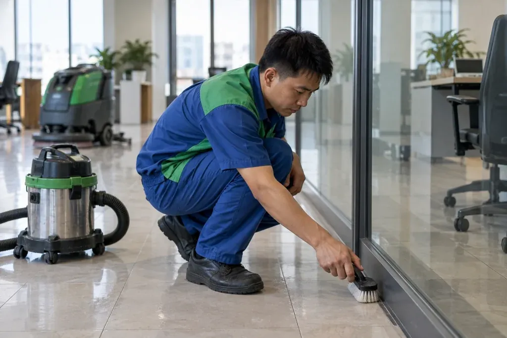 Ảnh minh họa kỹ thuật viên làm sạch mép sàn bằng dụng cụ phù hợp