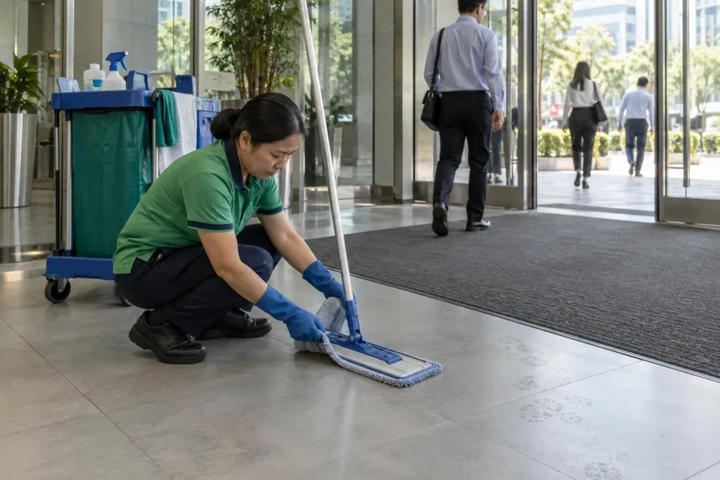 Ảnh minh họa nhân viên thay pad lau tại khu vực cửa vào văn phòng