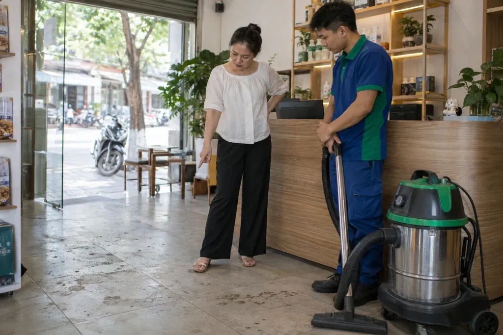 Ảnh minh họa chủ cửa hàng trao đổi với kỹ thuật viên về vùng sàn bám bẩn