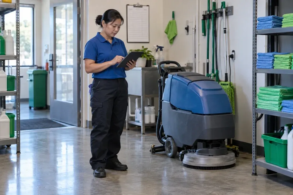 Ảnh minh họa nhân viên ghi nhận kế hoạch chăm sóc cạnh máy chà sàn