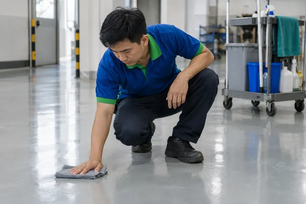 Ảnh minh họa kỹ thuật viên kiểm tra nền phủ trong quá trình bảo dưỡng