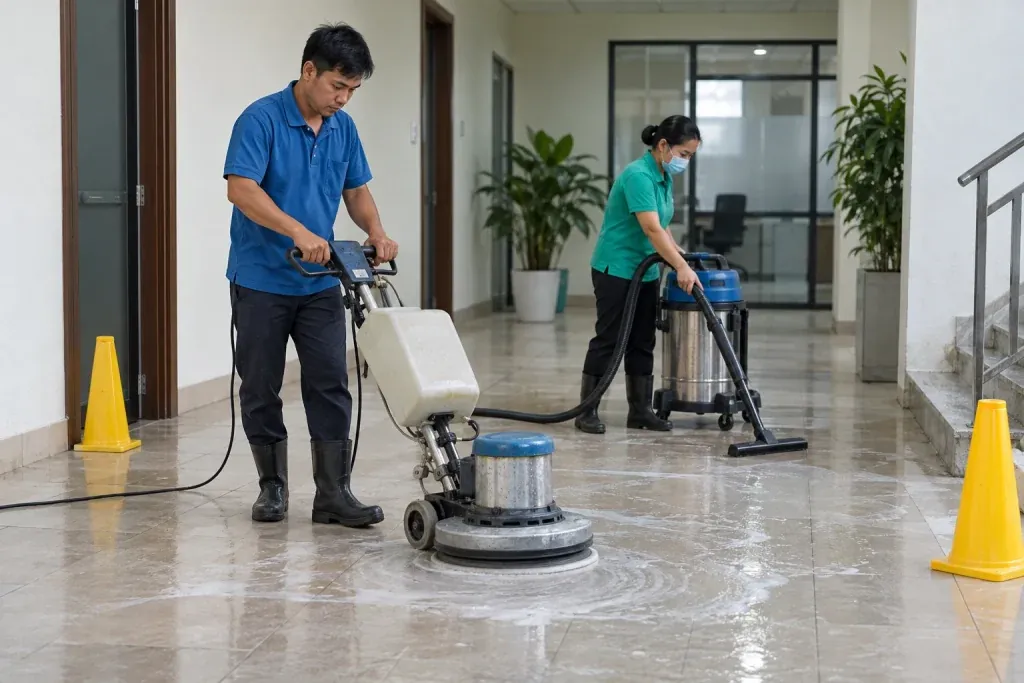 Ảnh minh họa đội vệ sinh phối hợp máy chà đơn và máy hút nước bẩn