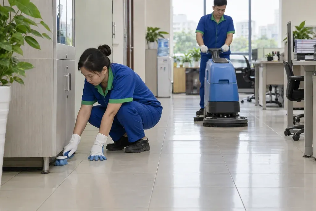 Ảnh minh họa làm sạch góc bằng dụng cụ tay và chà tuyến rộng bằng máy trong cùng hành lang