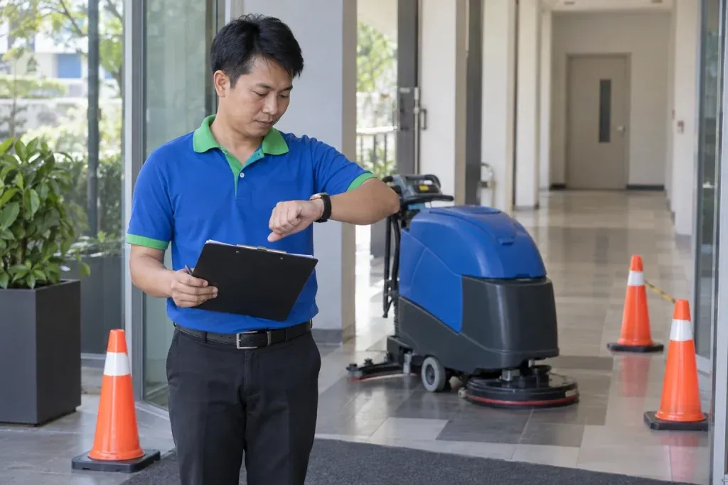 Ảnh minh họa điều phối viên kiểm tra thời gian và kế hoạch tại lối vào vùng làm sạch