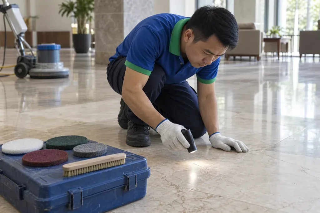 Ảnh minh họa kỹ thuật viên kiểm tra dấu xước trên sàn đá cùng các mẫu pad và bàn chải