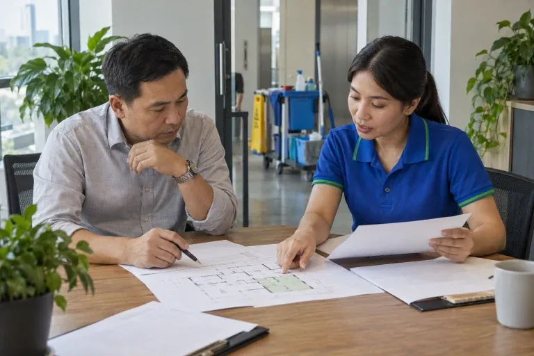 Ảnh minh họa người quản lý đối chiếu đề xuất chà sàn cùng nhân viên tư vấn trên sơ đồ mặt bằng