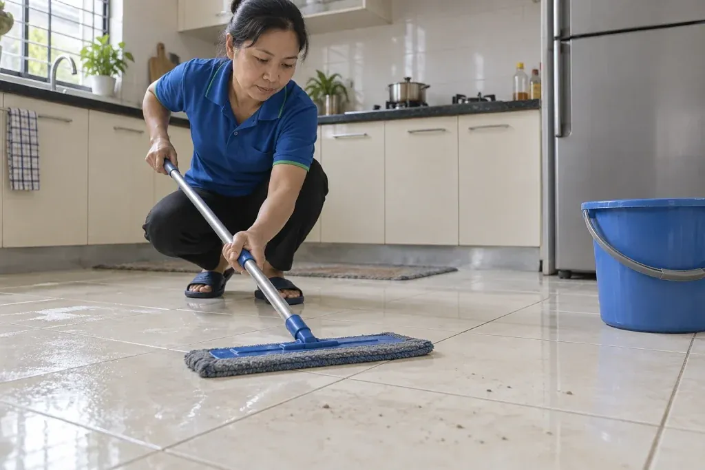 Ảnh minh họa người vệ sinh dùng cây lau microfiber trên sàn gạch men trong bếp