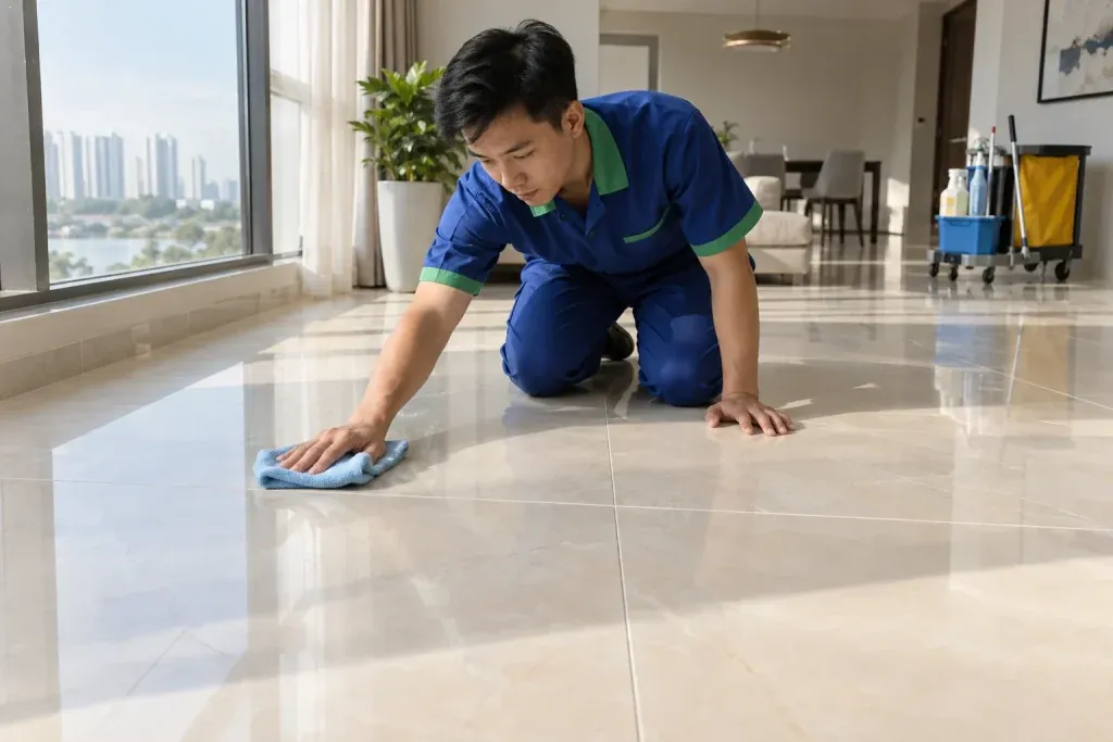 Ảnh minh họa kỹ thuật viên lau kiểm tra sàn gạch bóng kiếng dưới ánh sáng cửa sổ