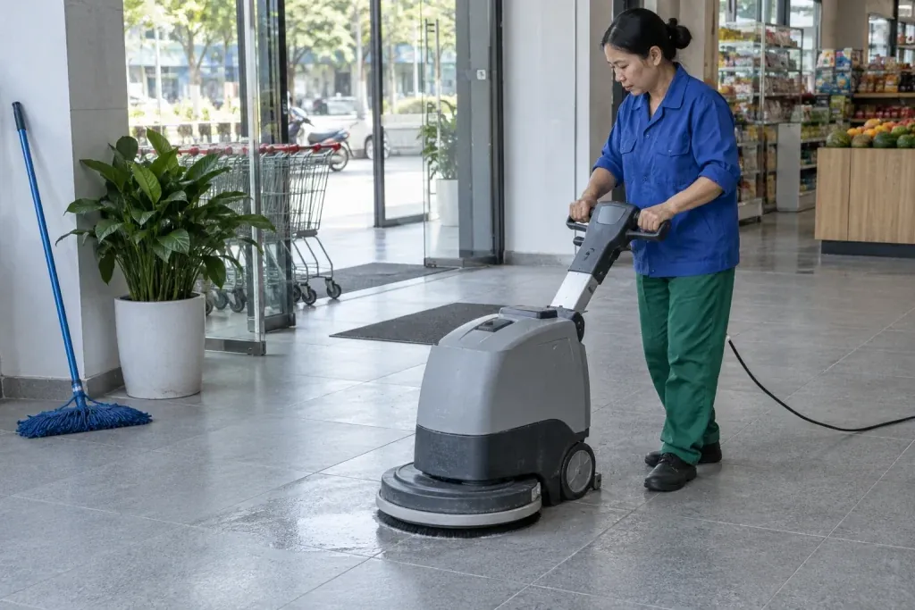 Ảnh minh họa vệ sinh gạch granite sản xuất công nghiệp màu xám ở lối vào cửa hàng