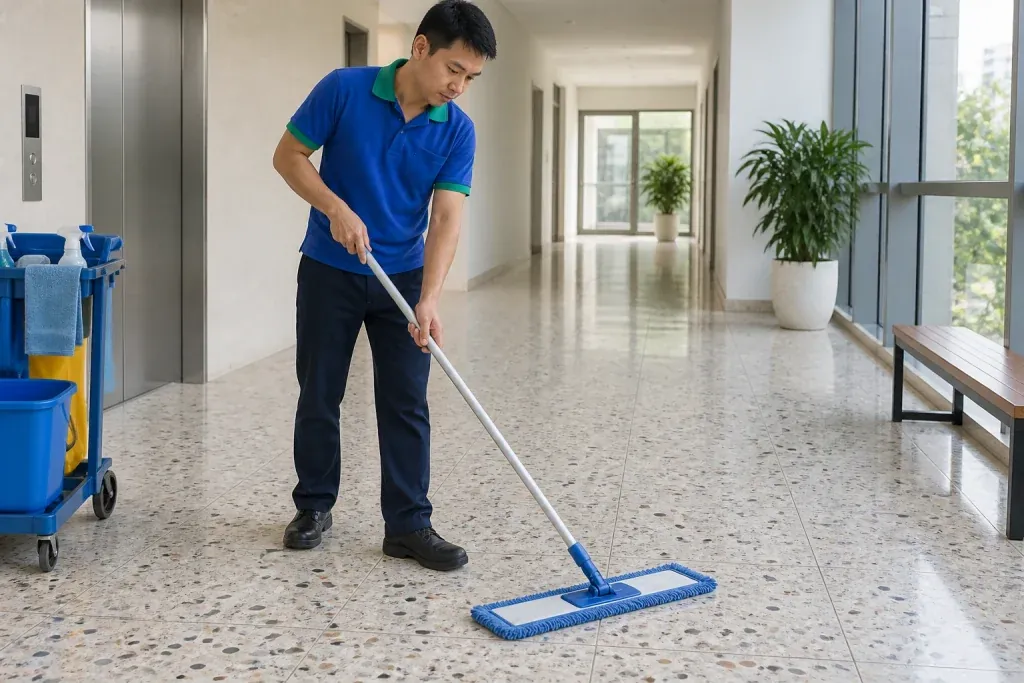 Ảnh minh họa lau sàn gạch terrazzo có hạt đá ở hành lang