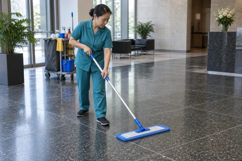 Ảnh minh họa người vệ sinh dùng cây lau trên nền đá granite tự nhiên ở sảnh