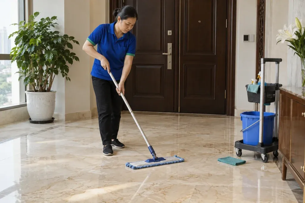 Ảnh minh họa lau sàn marble màu be có vân tự nhiên tại tiền sảnh căn hộ