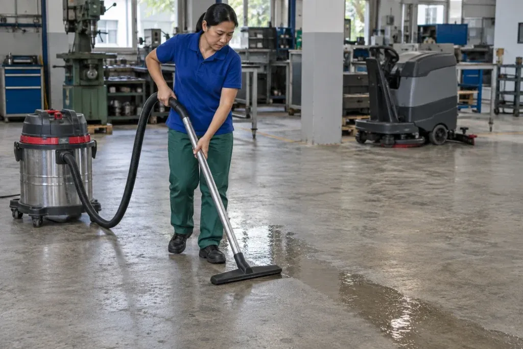 Ảnh minh họa thu hồi nước bẩn trên nền bê tông trần tại xưởng