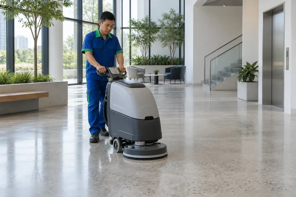 Ảnh minh họa vệ sinh nền bê tông mài tại sảnh văn phòng