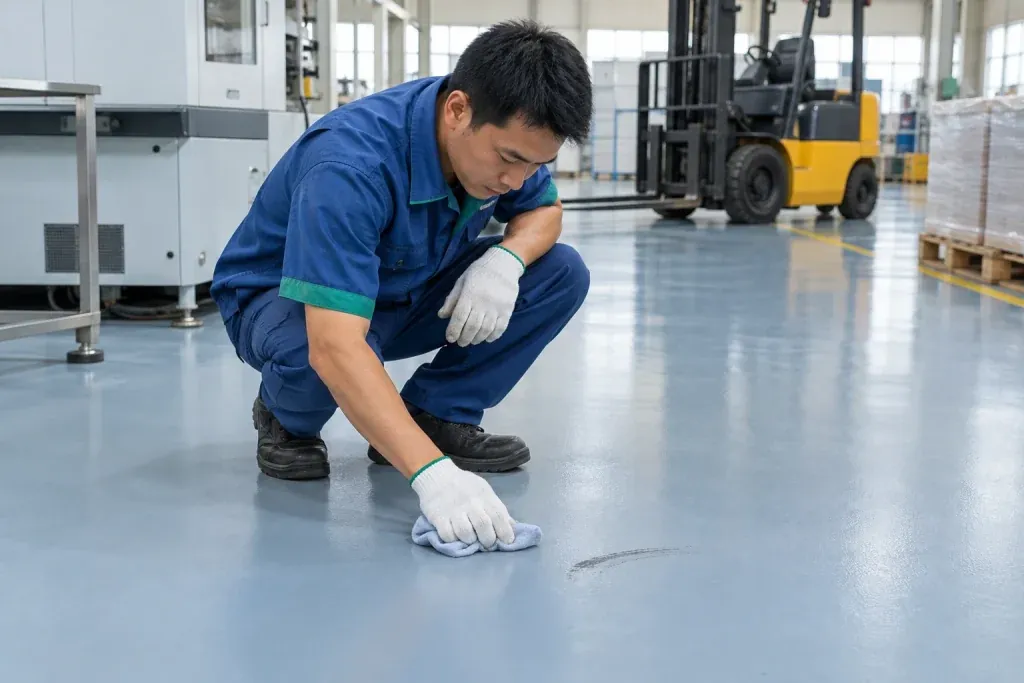 Ảnh minh họa kỹ thuật viên kiểm tra vệt bánh xe trên sàn epoxy