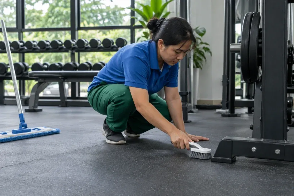 Ảnh minh họa làm sạch mép sàn cao su có hạt cạnh máy tập