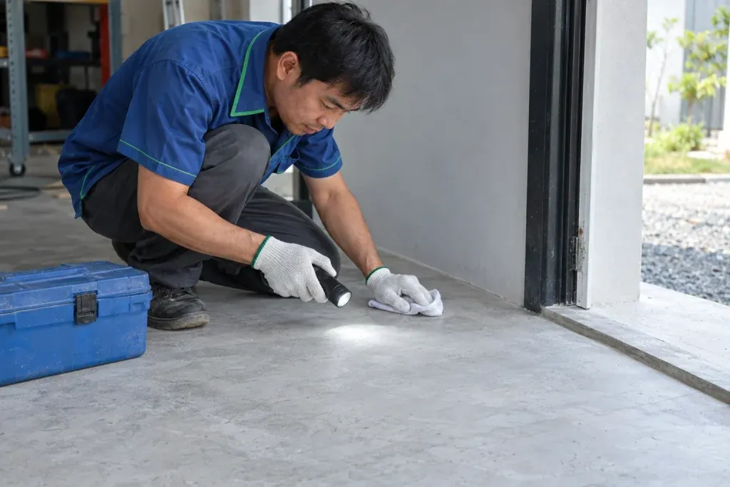 Ảnh minh họa kiểm tra mặt láng xi măng tại mép cửa trước khi làm sạch