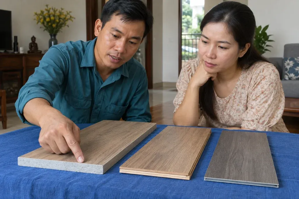 Ảnh minh họa đối chiếu mẫu gạch, laminate và nhựa có vân gỗ