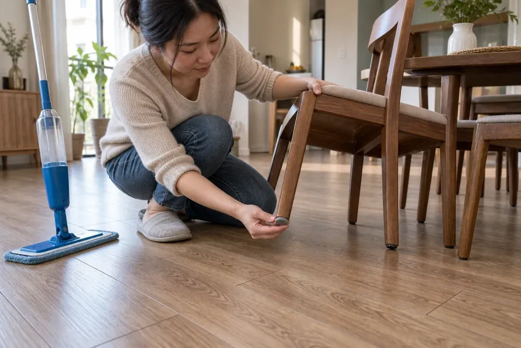 Ảnh minh họa kiểm tra miếng bảo vệ chân ghế trên nền laminate