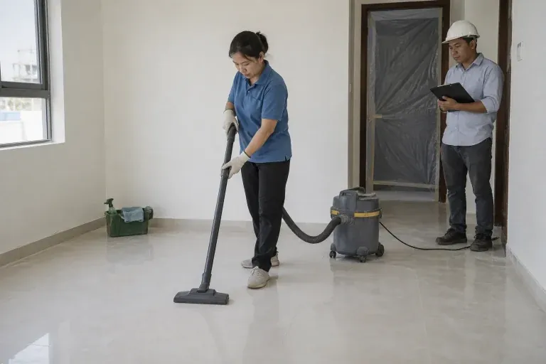 Hút bụi khô trên sàn gạch trong phòng mới hoàn thiện, người giám sát kiểm tra tại cửa