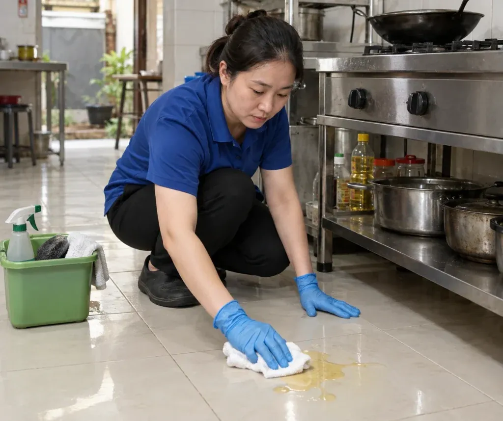 Ảnh minh họa AI thu điểm dầu ăn trên nền gạch cạnh khu bếp