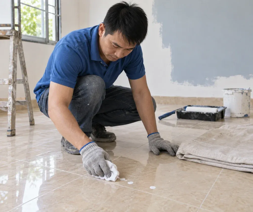 Ảnh minh họa AI thu giọt sơn cạnh tấm che trên nền gạch trong ca sửa nhà