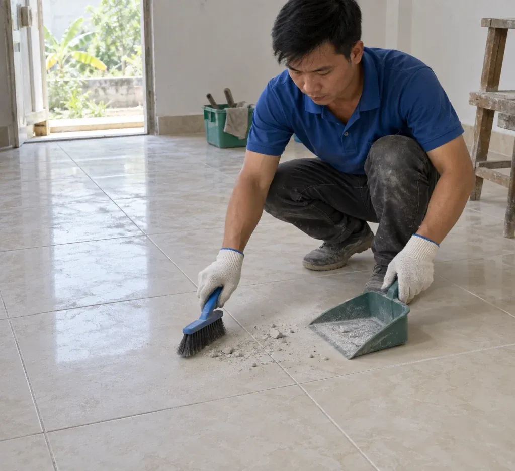 Ảnh minh họa AI thu mảnh cặn rời trên gạch có màng dư chà ron
