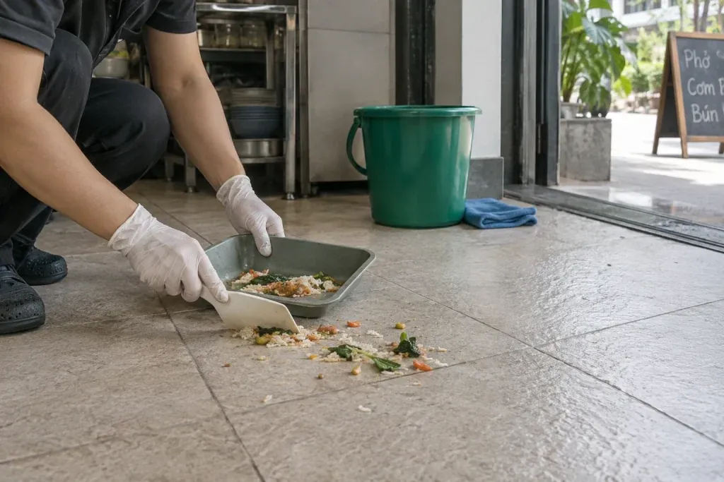 Ảnh minh họa thu gom cơm và nước sốt đổ trên sàn gạch bằng dụng cụ nhựa