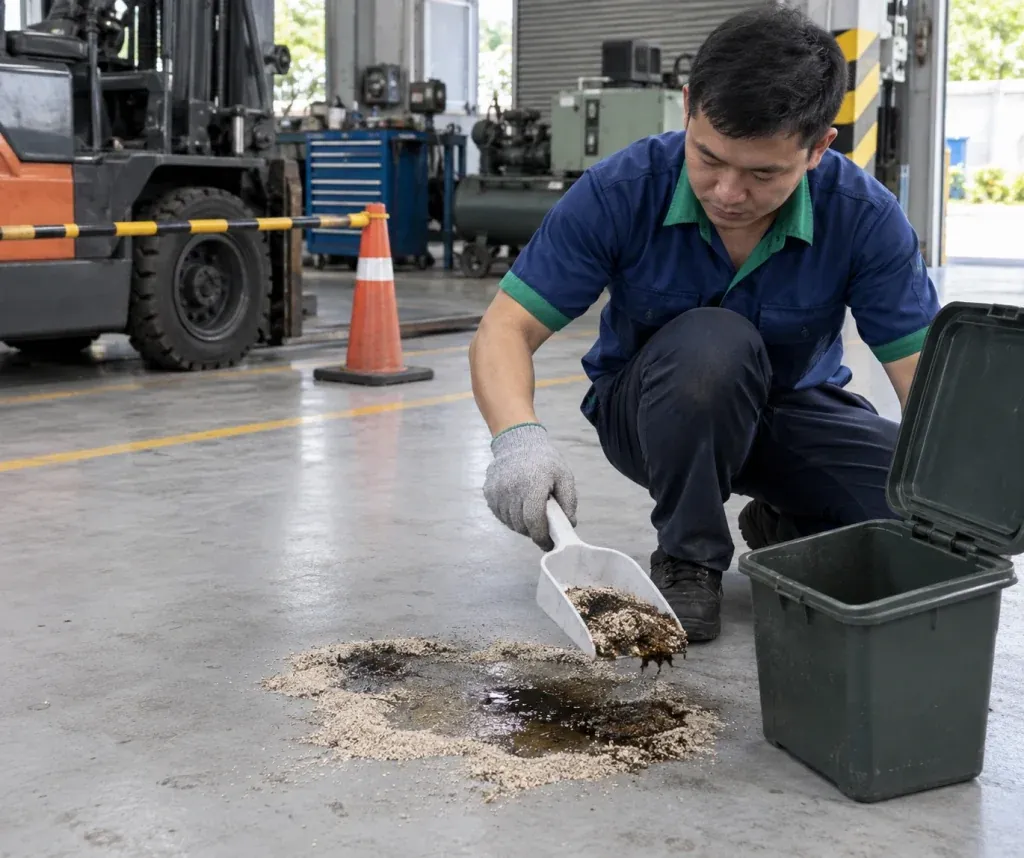 Ảnh minh họa thu gom vật liệu thấm dầu tại khu bảo trì nhà xưởng