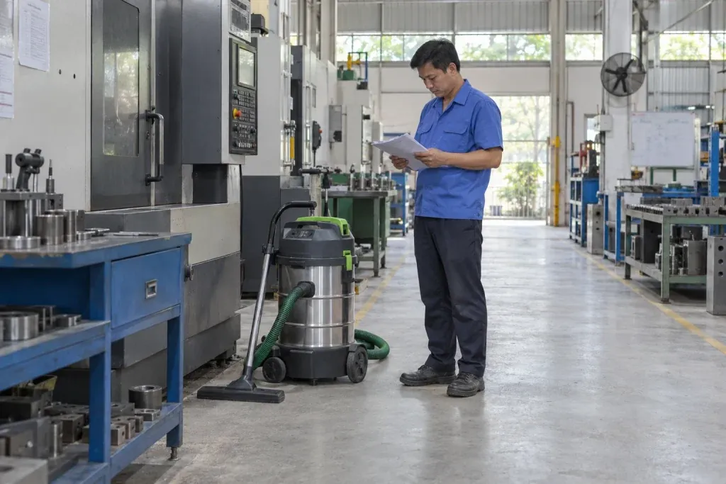 Ảnh minh họa xác minh tài liệu bụi và thiết bị thu gom trong xưởng