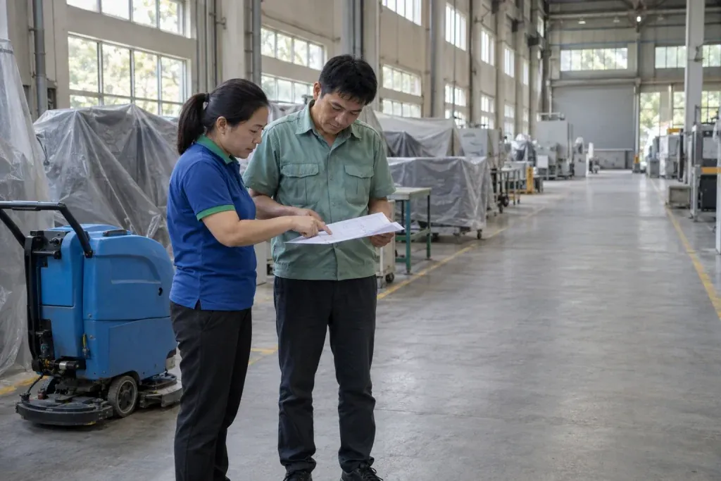 Ảnh minh họa kỹ thuật viên chà sàn và điều phối sản xuất xem sơ đồ vùng tại nhà máy đang nghỉ