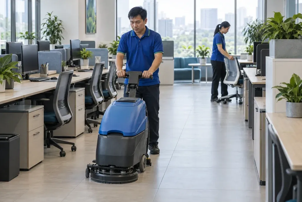 Ảnh minh họa kỹ thuật viên chà sàn tại lối giữa các bàn làm việc trong văn phòng đã được bàn giao