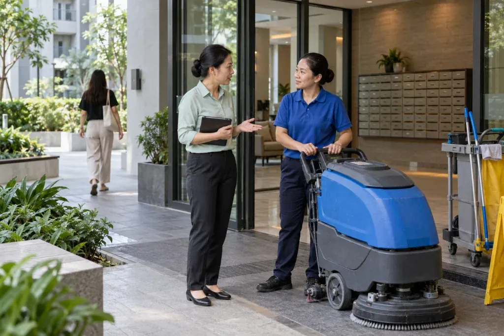 Ảnh minh họa nhân viên quản lý chung cư trao đổi với kỹ thuật viên chà sàn gần sảnh khu ở