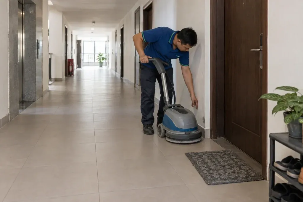 Ảnh minh họa kỹ thuật viên kiểm tra mép nền sát cửa căn hộ trên tuyến hành lang chung cư