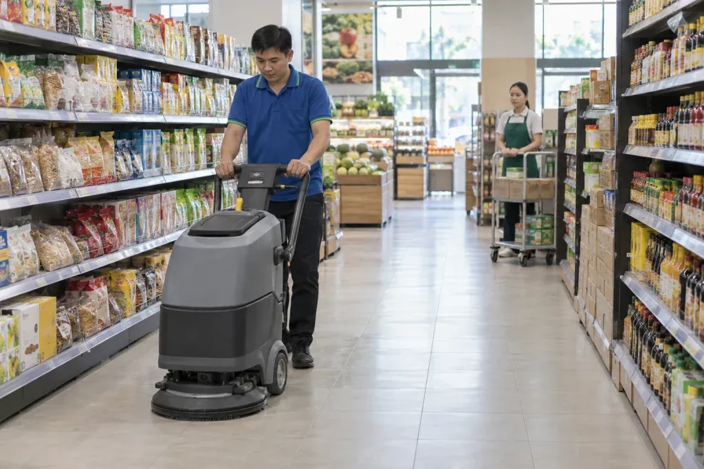 Ảnh minh họa chà nền giữa các dãy kệ siêu thị trước giờ mở cửa