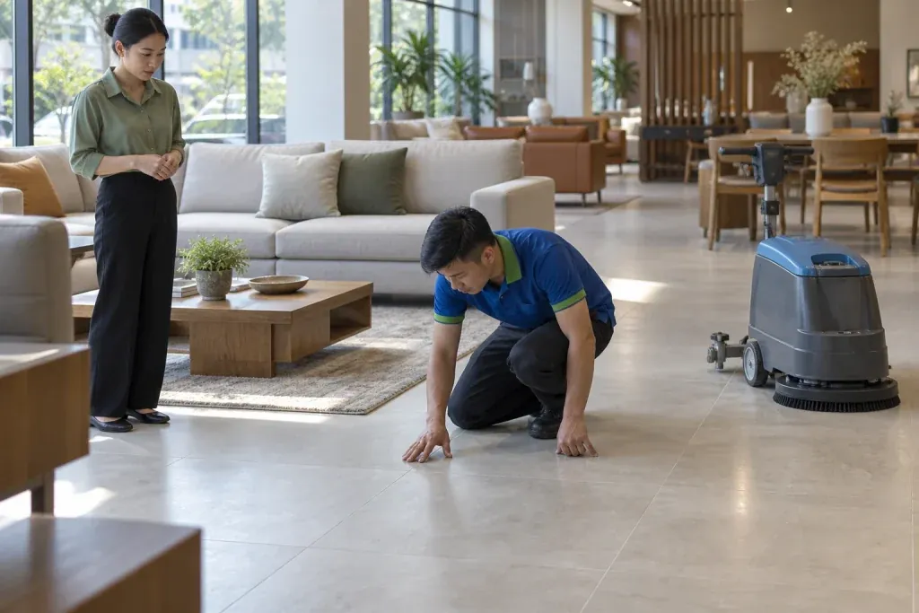 Ảnh minh họa kỹ thuật viên kiểm tra nền khô sát mẫu sofa trong showroom nội thất
