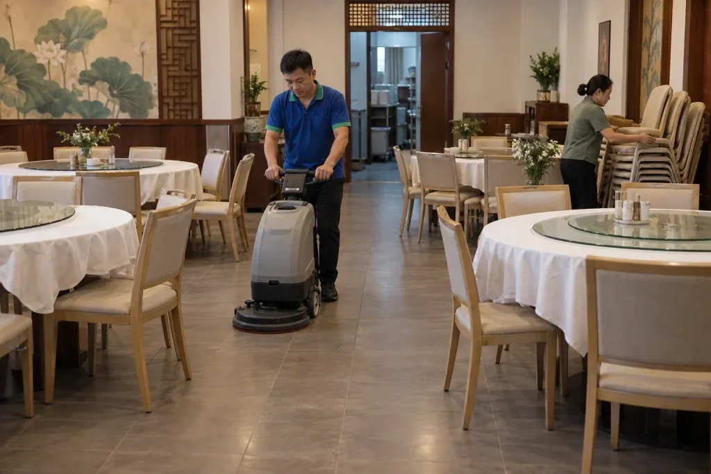 Ảnh minh họa chà nền phòng tiệc nhà hàng giữa các đợt phục vụ khi bàn ghế đã được bố trí lại