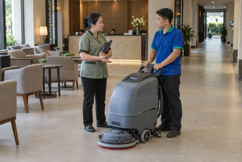 Ảnh minh họa quản lý buồng phòng phối hợp kỹ thuật viên chà nền tại lounge khách sạn