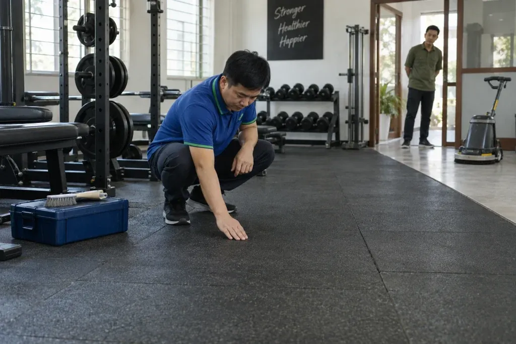 Ảnh minh họa kiểm tra nền khu tạ phòng gym trước khi lựa chọn phương án làm sạch
