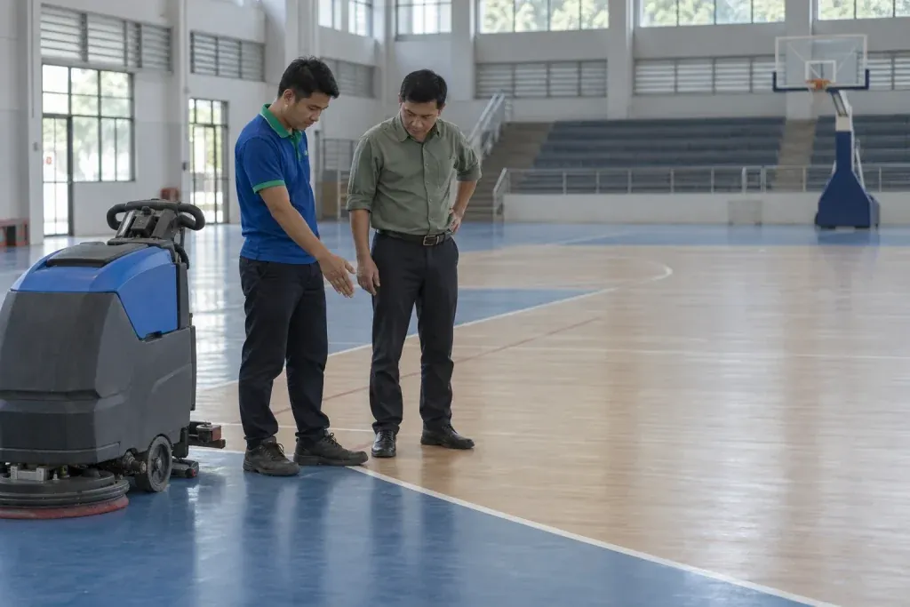 Ảnh minh họa quản lý nhà thi đấu và kỹ thuật viên kiểm tra nền sân trống trước khi chọn phương án