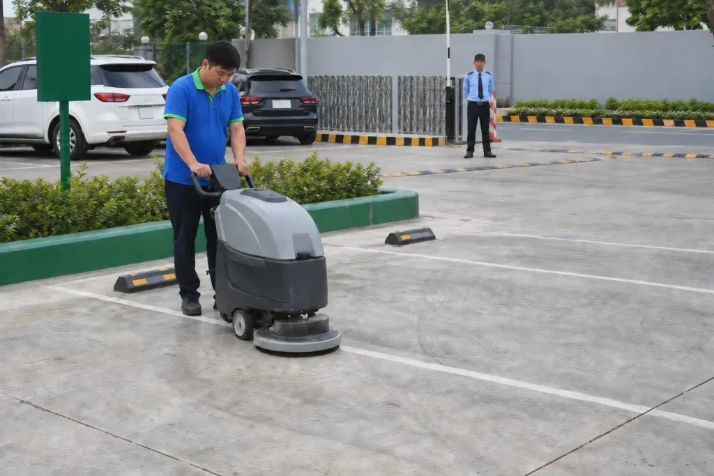 Ảnh minh họa kiểm tra dấu bánh trên một ô đỗ trống ở bãi xe ngoài trời