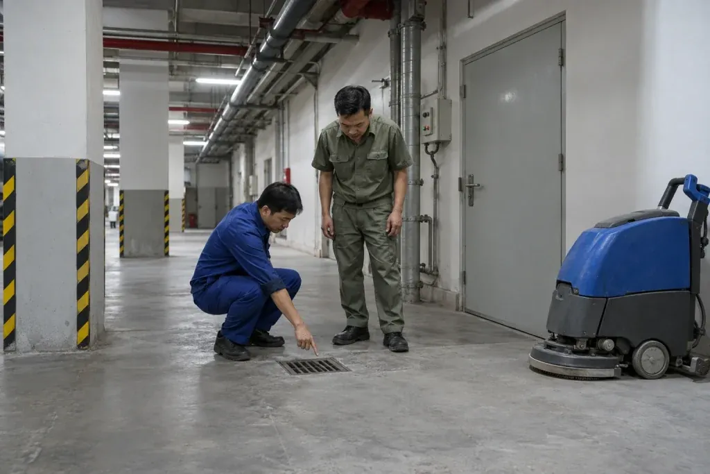 Ảnh minh họa hai nhân viên cơ sở kiểm tra nền cạnh miệng thoát nước và cửa phòng kỹ thuật trong tầng hầm