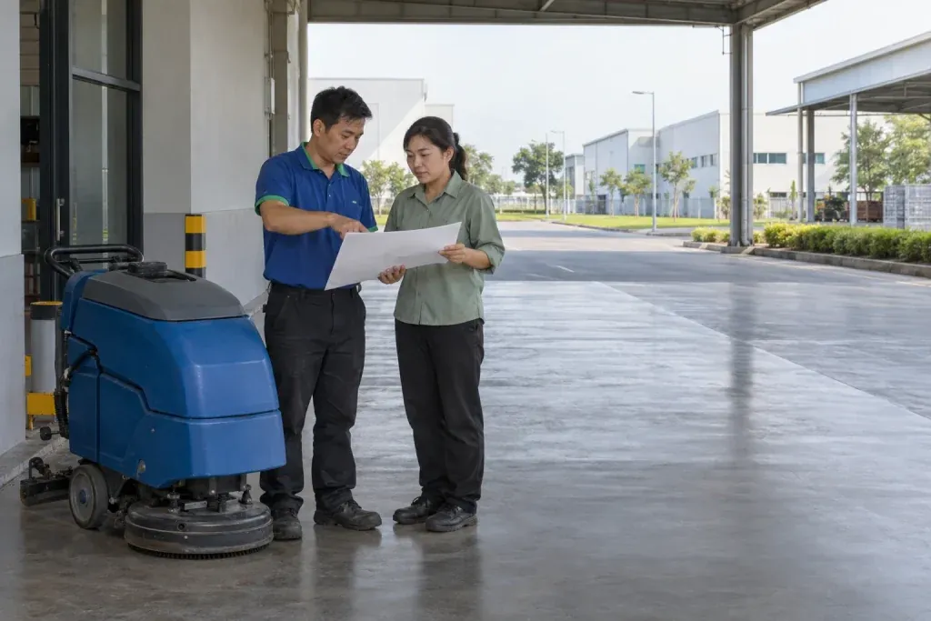 Ảnh minh họa kỹ thuật viên và điều phối cơ sở xem phạm vi nền tại cửa xưởng trong khu công nghiệp