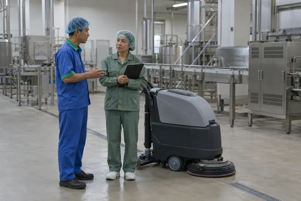 Ảnh minh họa kỹ thuật viên và phụ trách vệ sinh nhà máy thực phẩm trao đổi cạnh máy chà sàn tại vùng trống