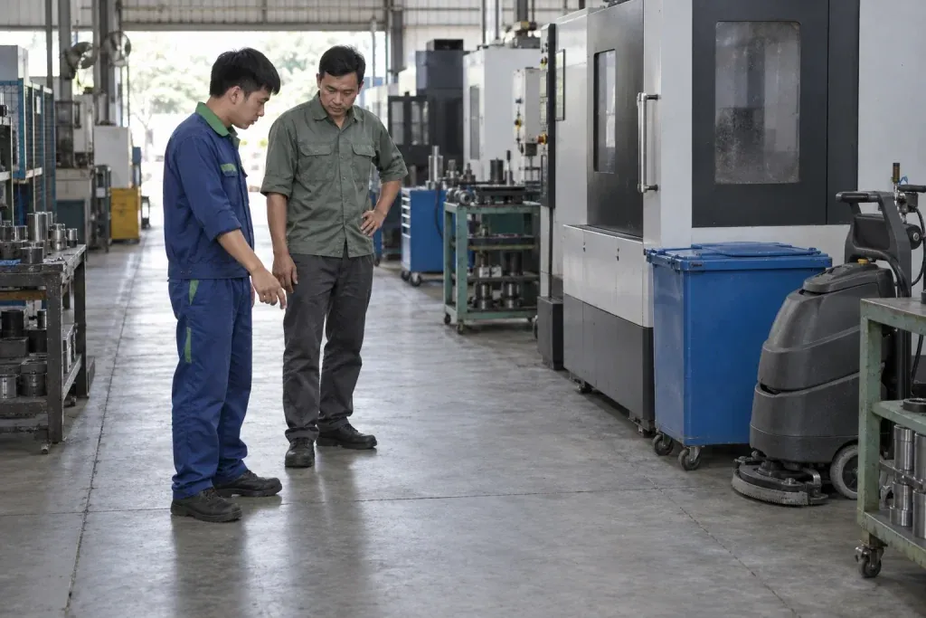 Ảnh minh họa kỹ thuật viên và quản lý xưởng cơ khí kiểm tra lối đã thu gom cạnh trạm gia công đang nghỉ