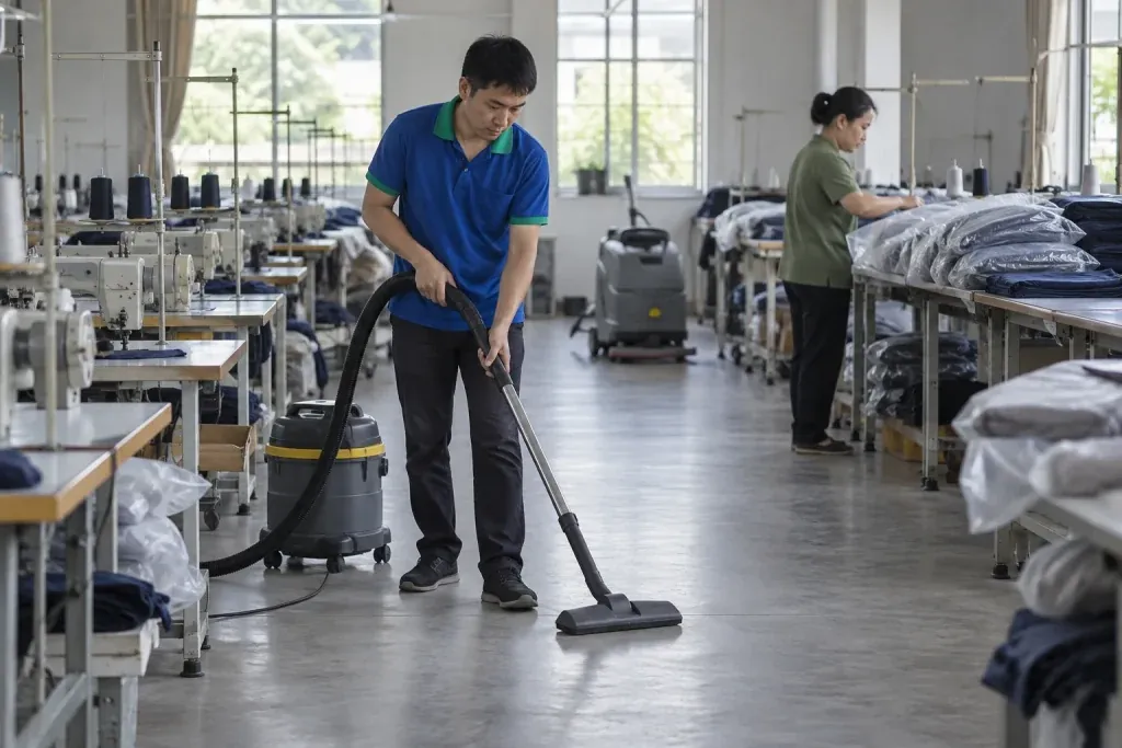 Ảnh minh họa kỹ thuật viên thu gom chỉ xơ tại lối bàn may đã bàn giao và hàng vải được giữ trên bàn