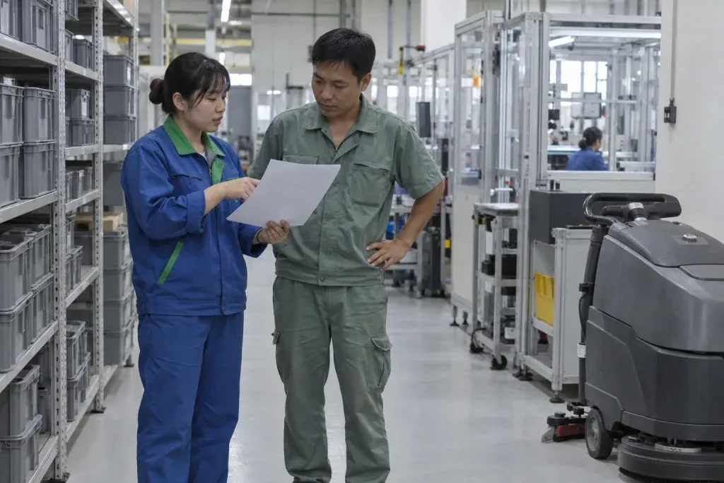Ảnh minh họa kỹ thuật viên chà sàn trao đổi hồ sơ với phụ trách xưởng linh kiện tại lối trống